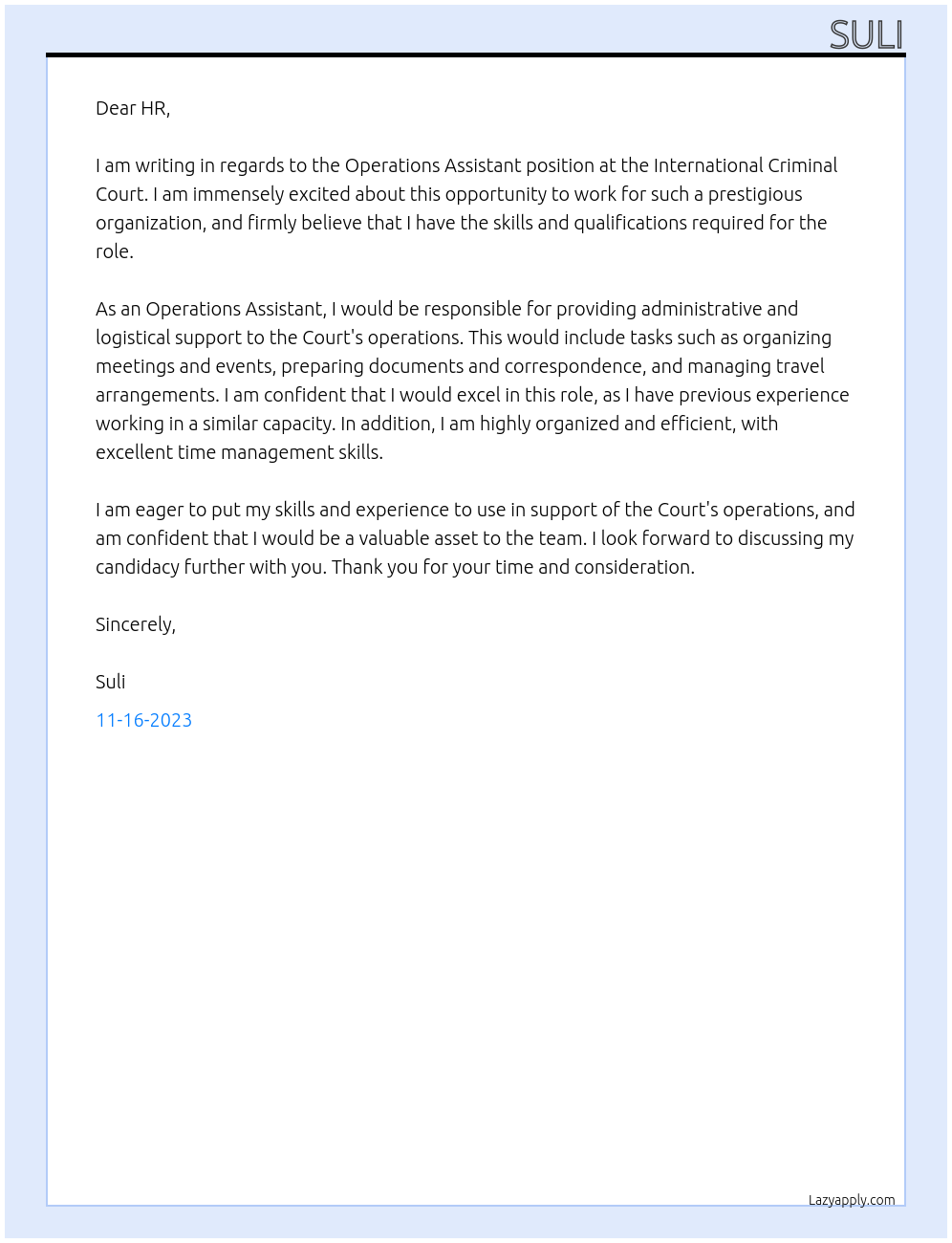 Operations Assistant At International Criminal Court Cover Letter