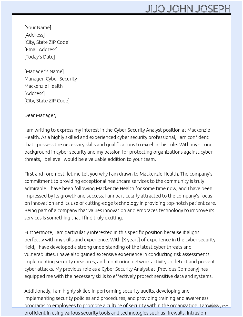 Cyber Security Analyst At Mackenzie Health Cover Letter