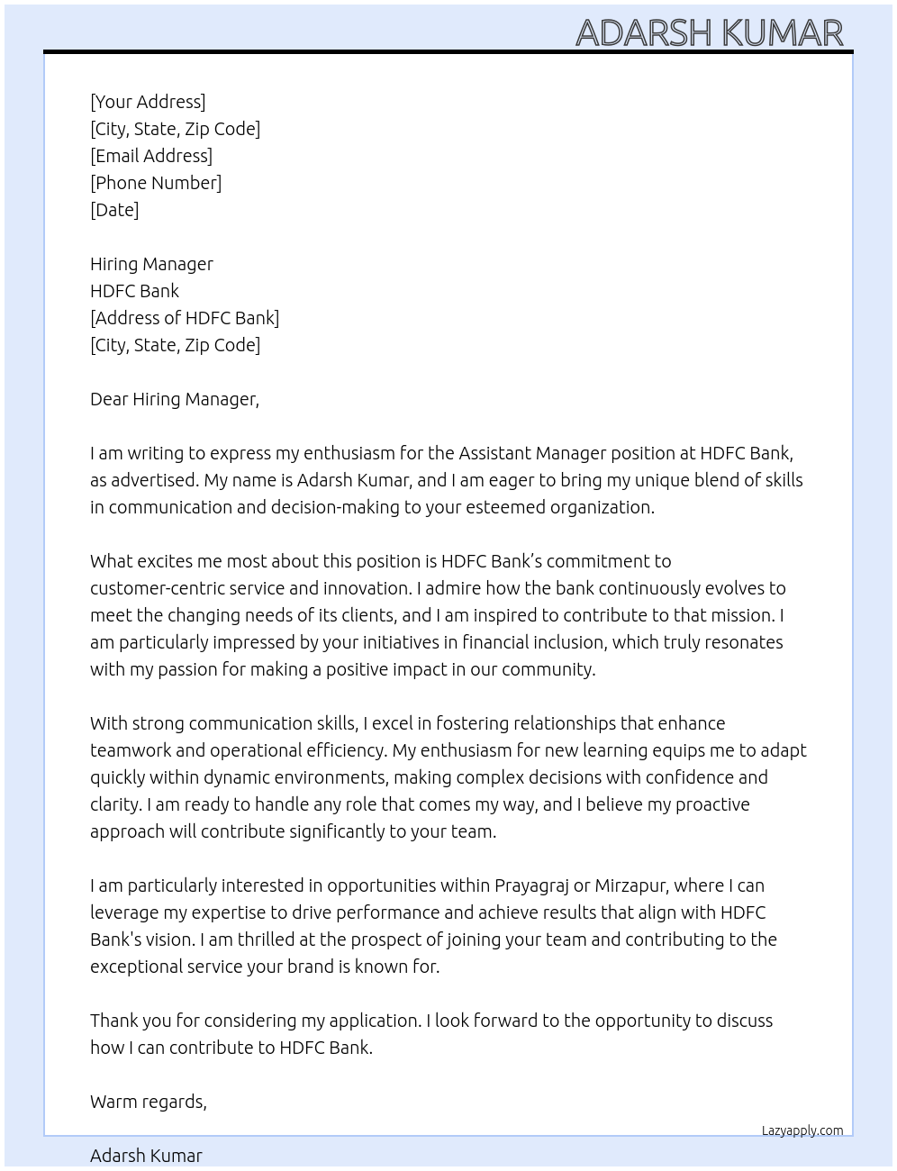 Asst manager At HDFC BANK Cover Letter