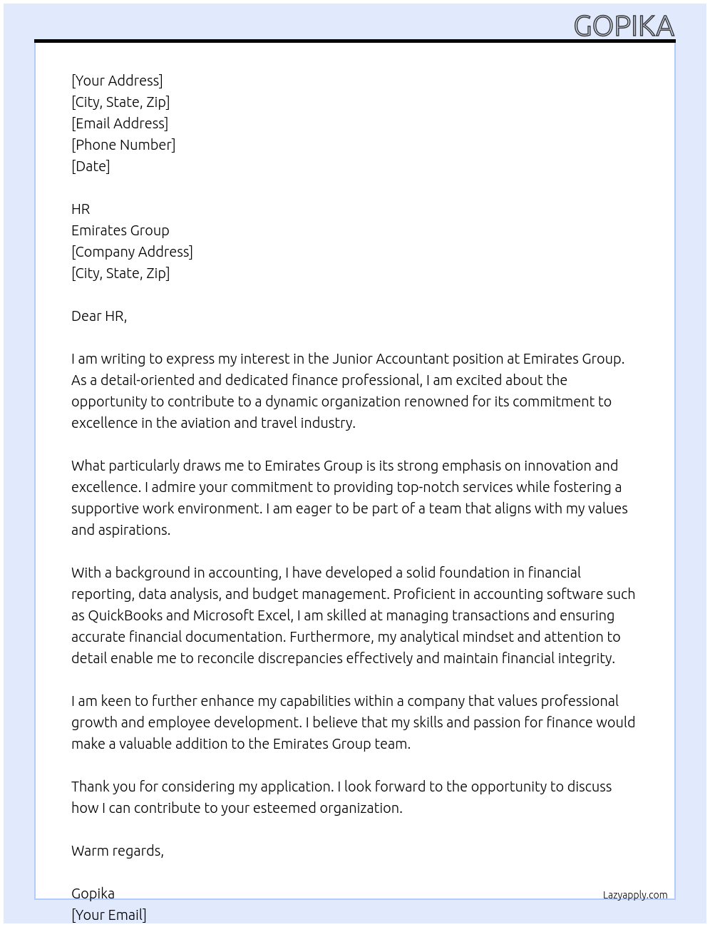 Junior accountant At Emirates Group Cover Letter