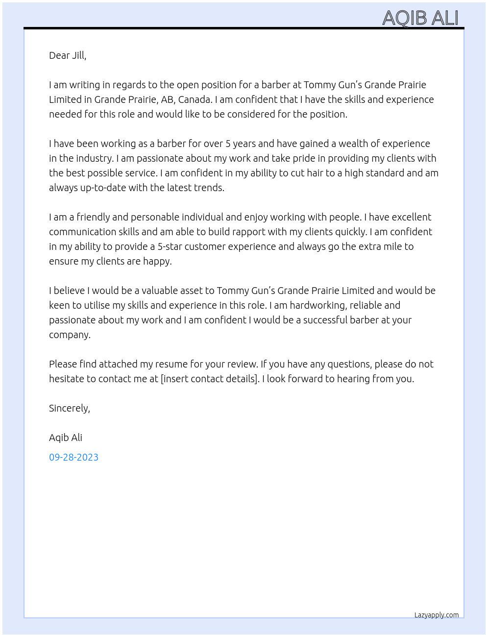 Barber  At Tommy Gun’s Grande Prairie Limited Grande Prairie, AB, Canada Cover Letter