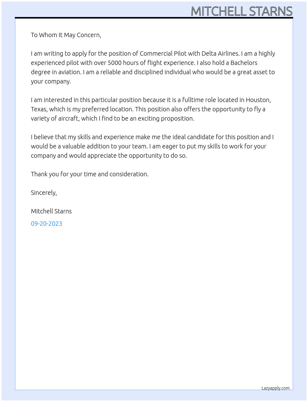 Commercial Pilot At Delta Airlines Cover Letter