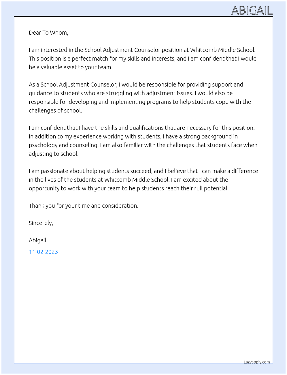 School Adjustment Counselor At Whitcomb Middle School Cover Letter