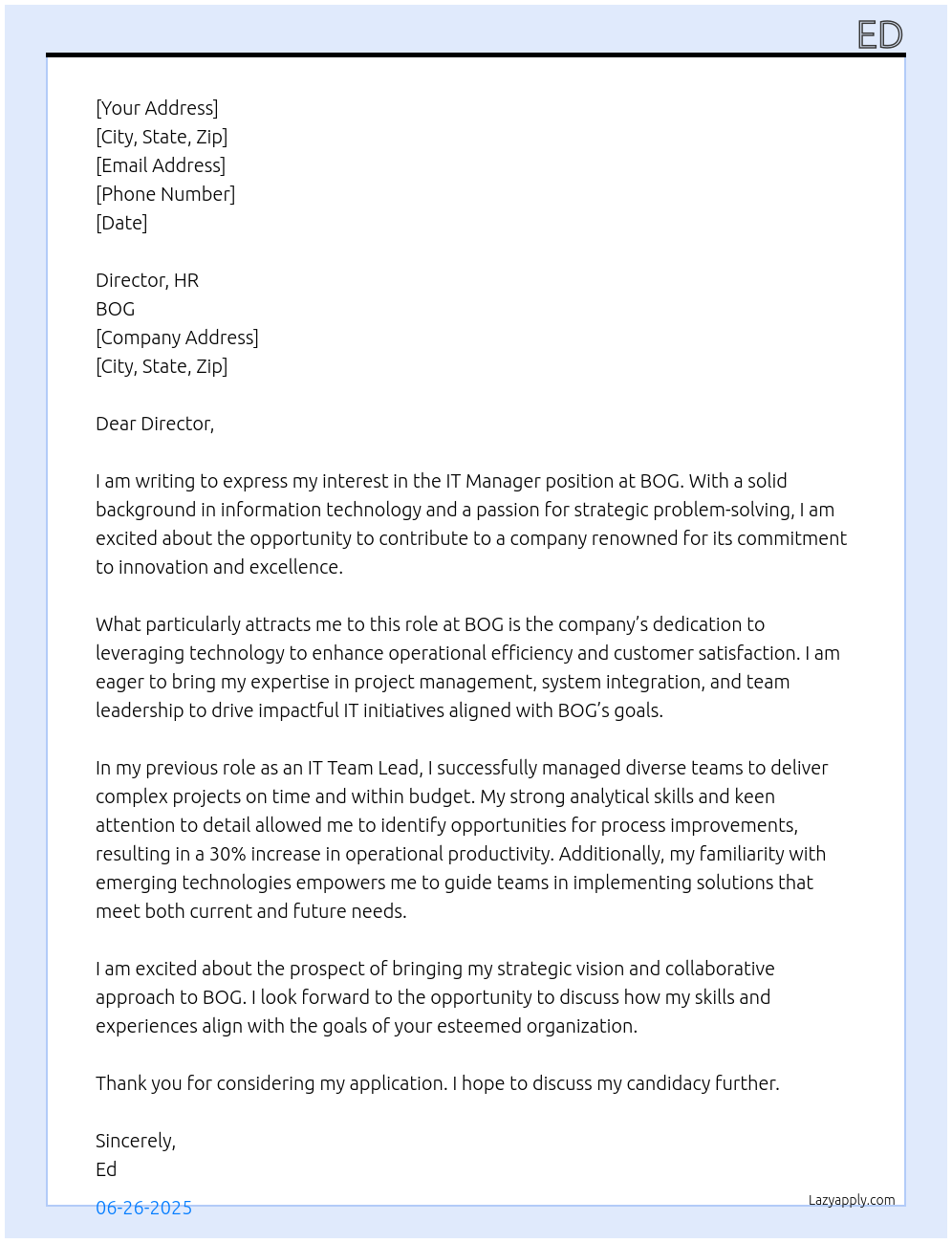 IT Manager At BOG Cover Letter