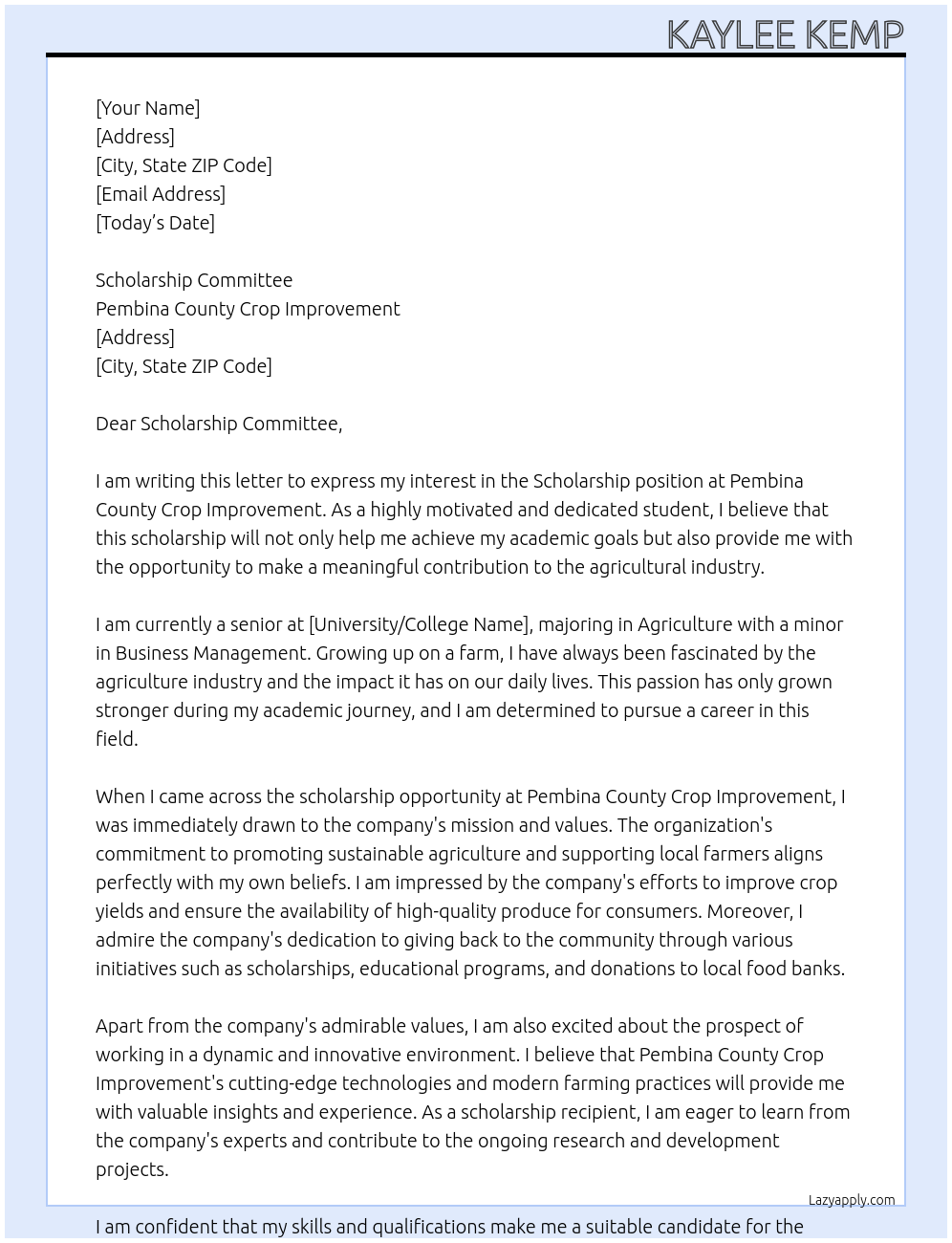 Scholarship At Pembina County Crop Improvement Cover Letter