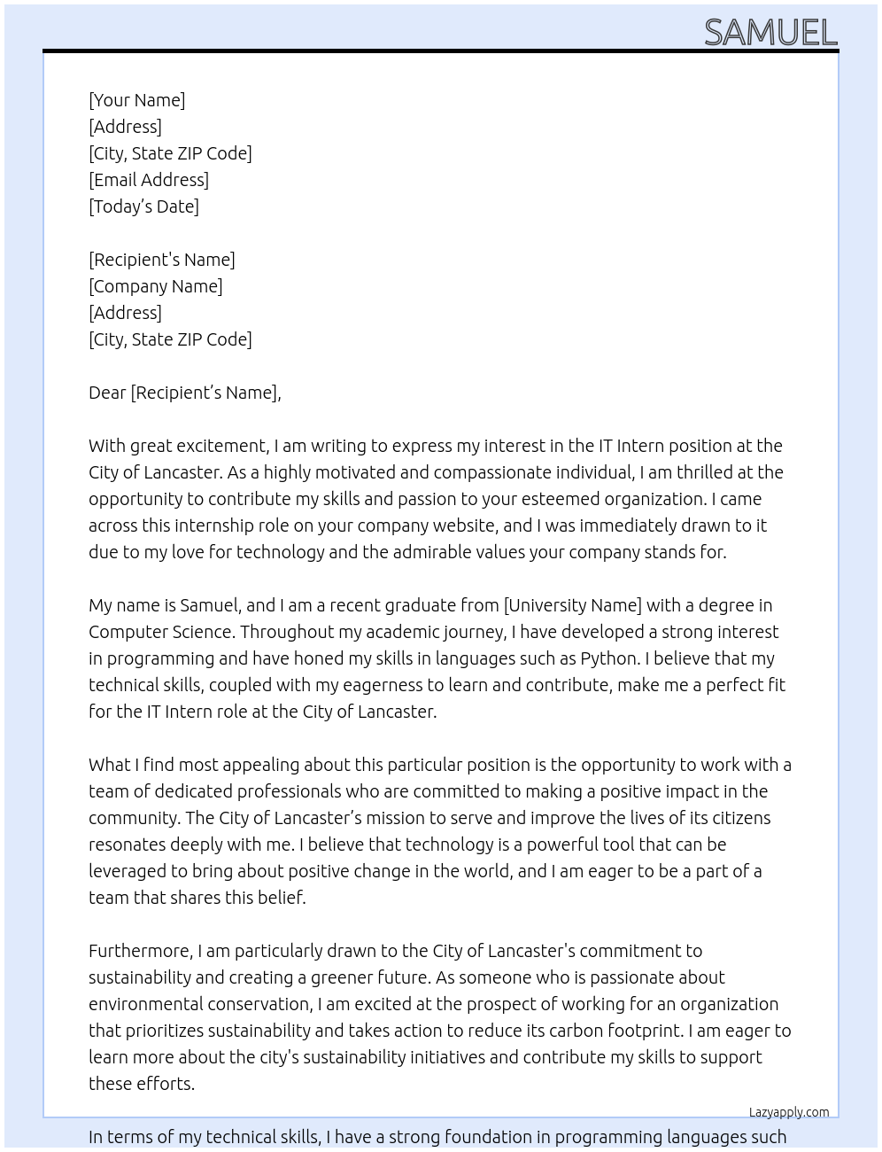 It intern At City of lancaster Cover Letter