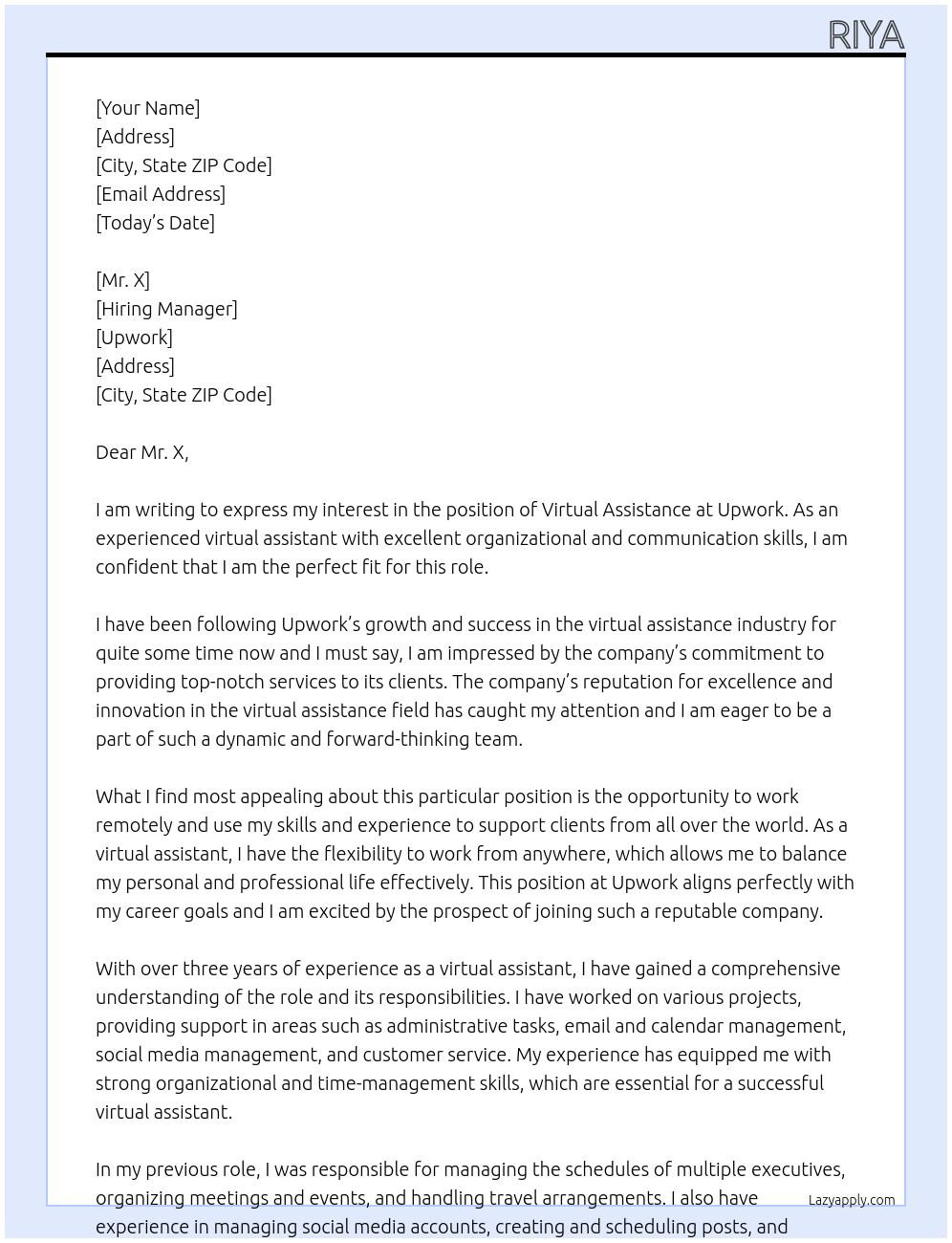 VIRTUAL ASSISTANCE At UPWORK Cover Letter