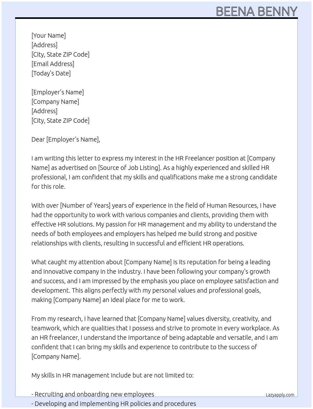 Hr freelancer At O Cover Letter