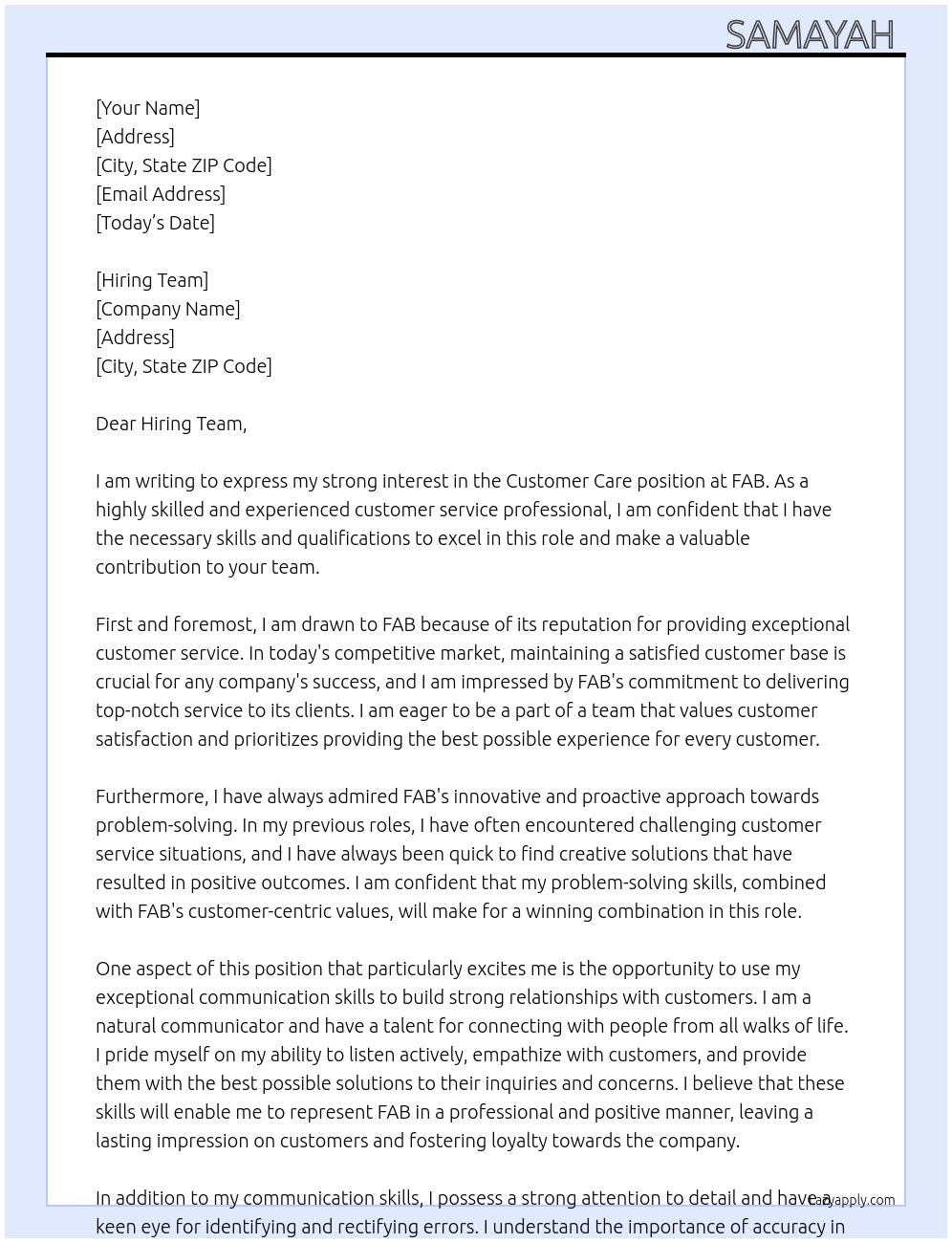 Customer care At FAB Cover Letter