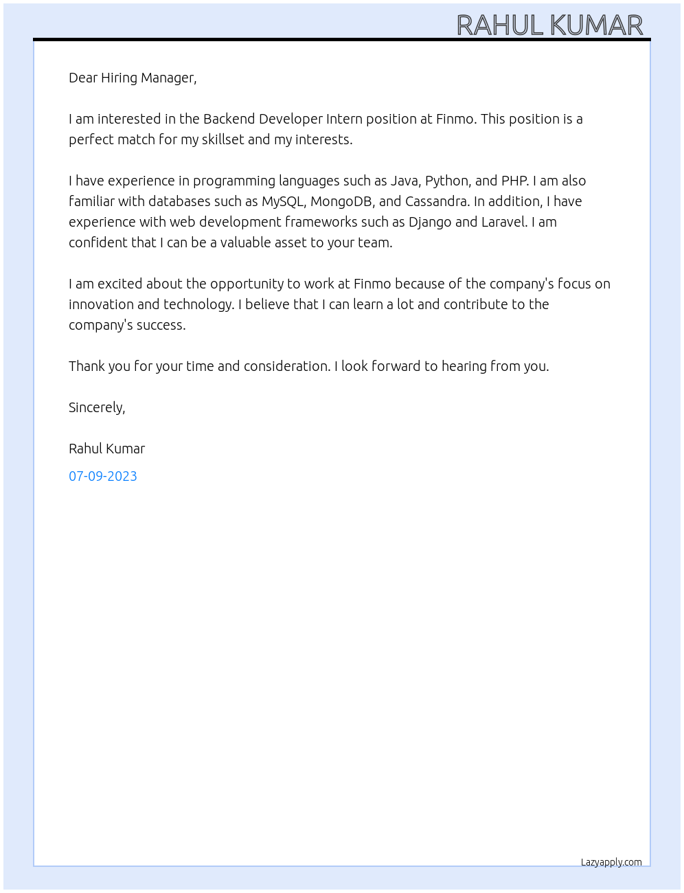 Backend Developer Intern At Finmo Cover Letter