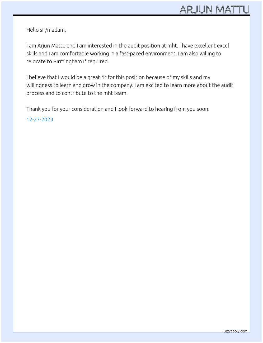 audit At mht Cover Letter