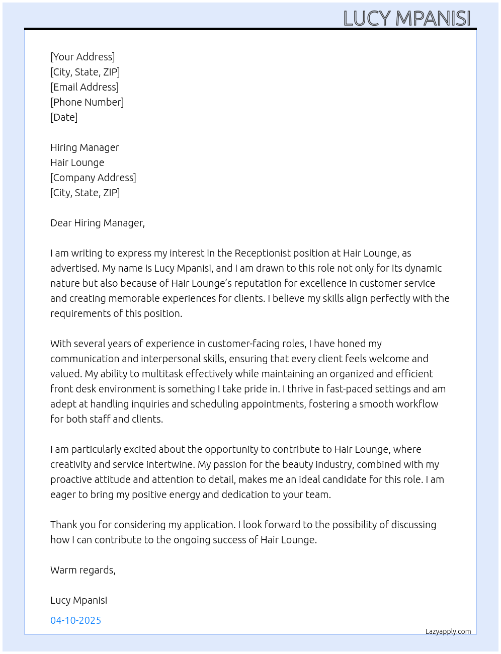 Receptionist  At Hair lounge Cover Letter