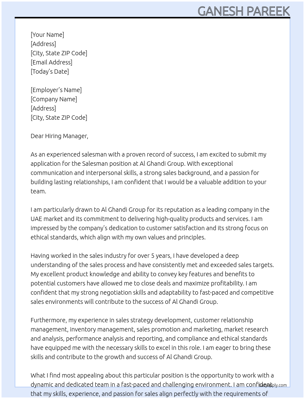 Salesman At Al Ghandi Group Cover Letter