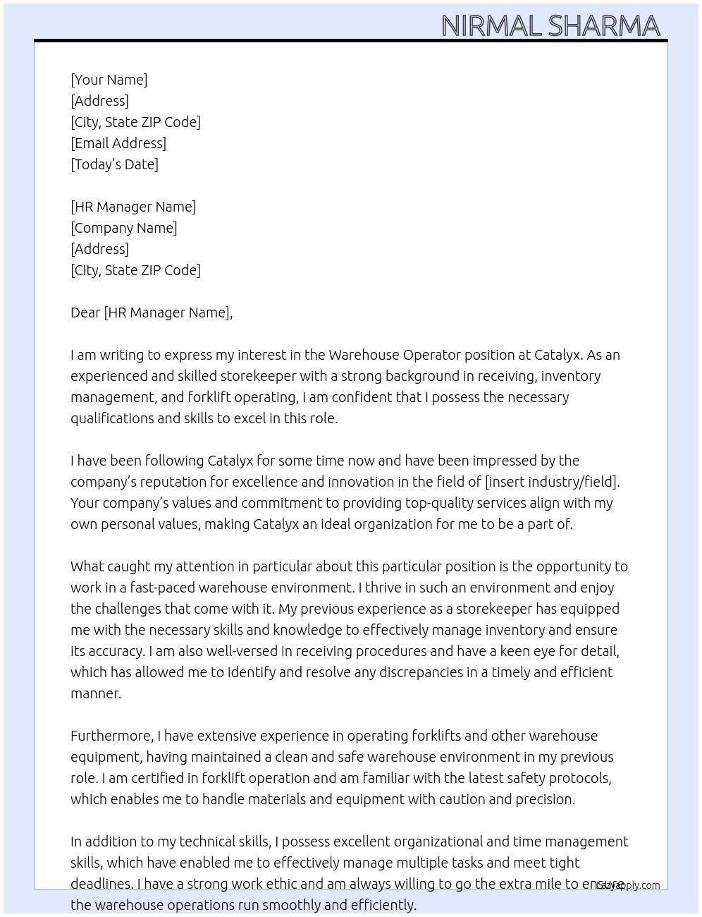 Warehouse operator At Catalyx Cover Letter