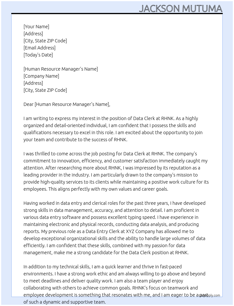 Data Clerk At RHNK Cover Letter