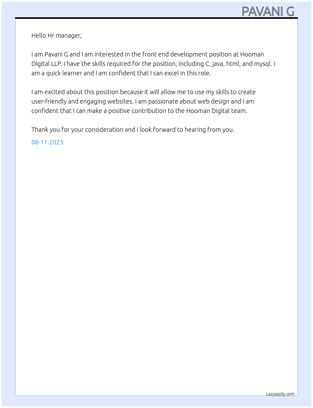 Front end development At Hooman Digital LLP Cover Letter