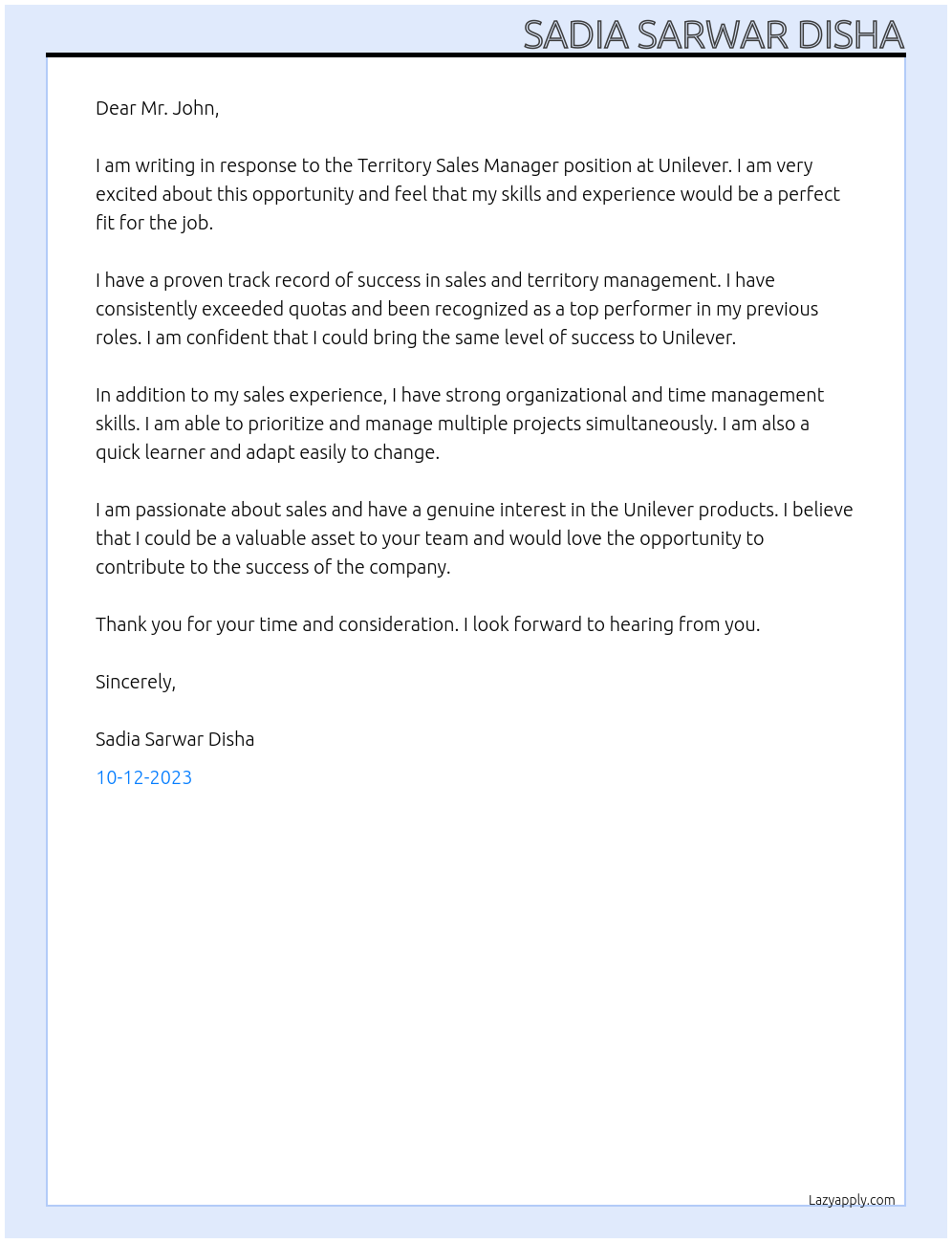 Territory Sales Manager At Unilever Cover Letter