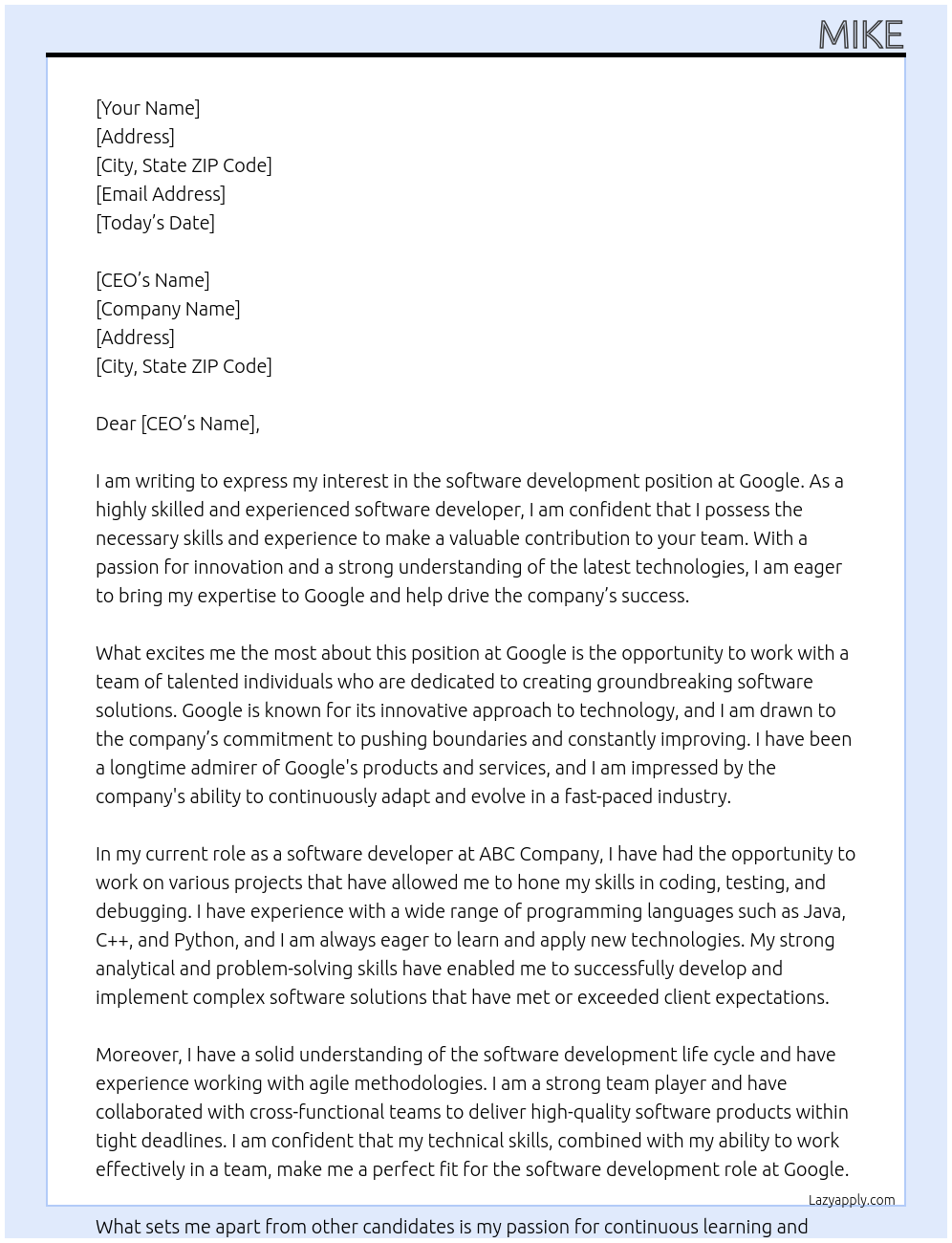 Software development At Googke Cover Letter