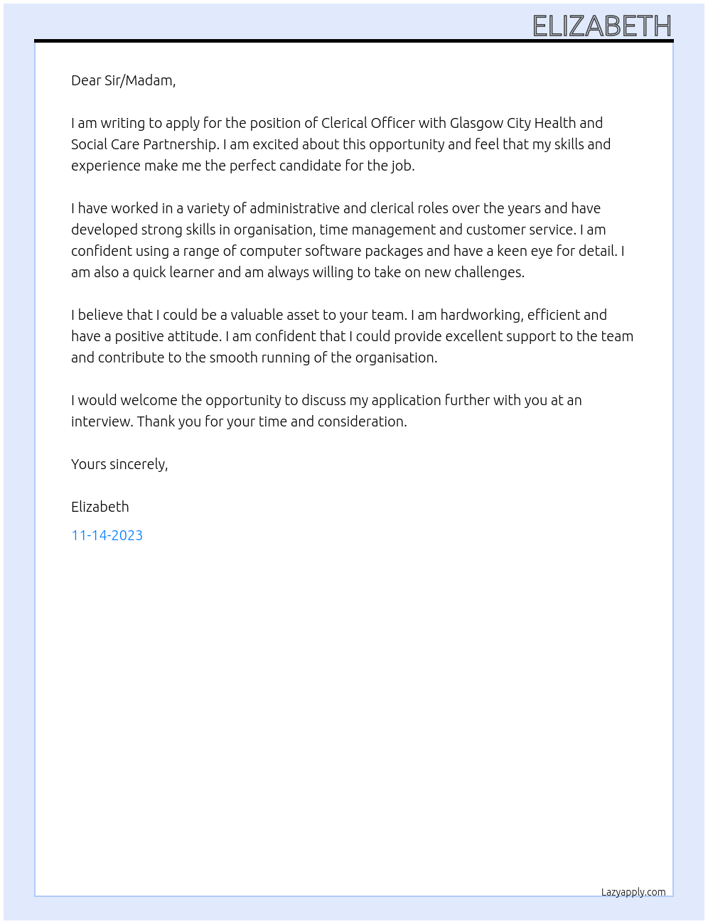 Clerical Officer At Glasgow City Health and Social Care Partnership Cover Letter