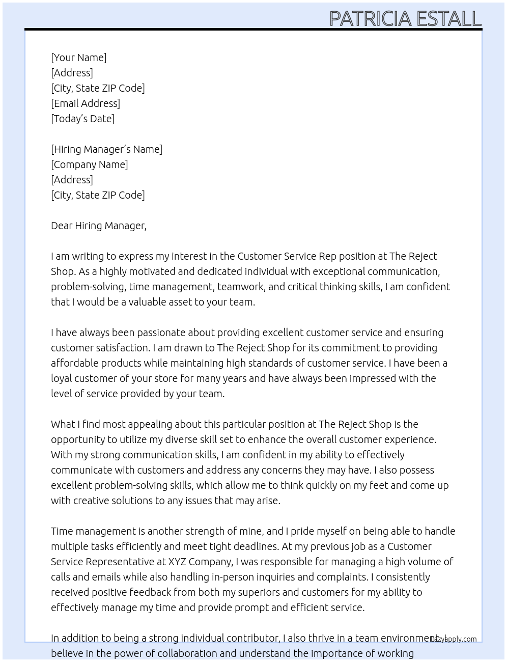 Customer Service Rep At The Reject Shop Cover Letter