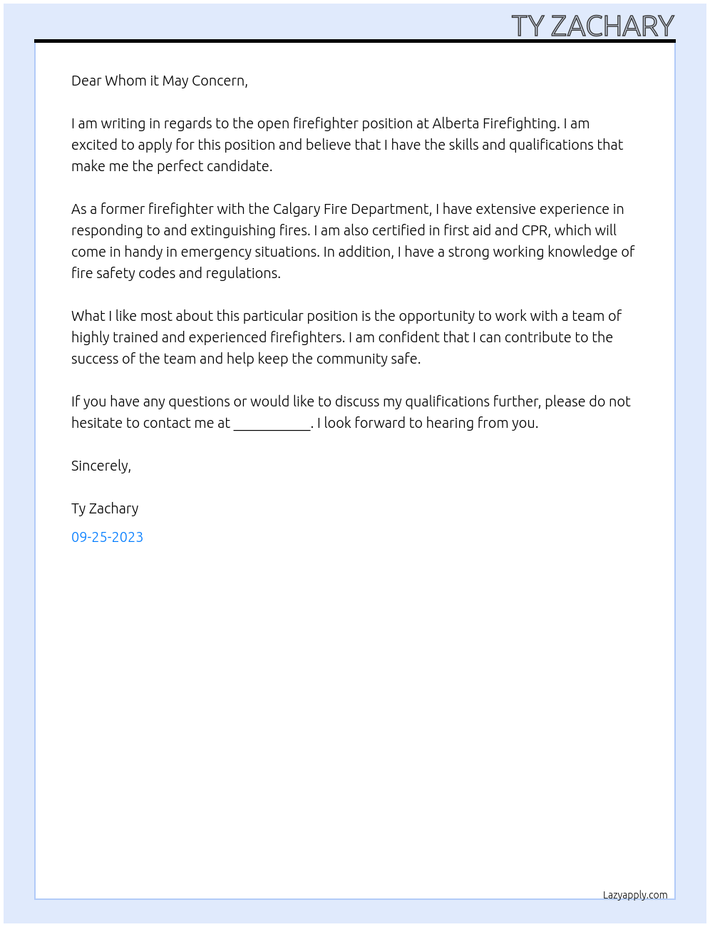 Firefighter At Alberta Firefighting Cover Letter