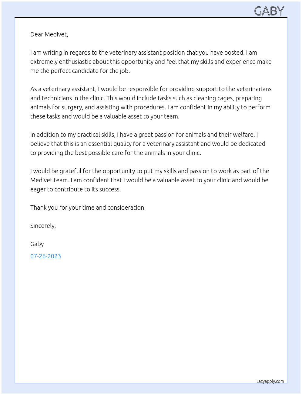 Veterinary assistant At Medivet Cover Letter