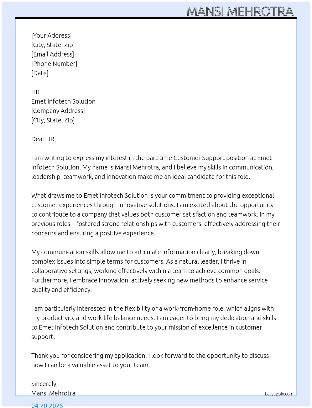 Customer Support  At Emet Infotech Solution  Cover Letter