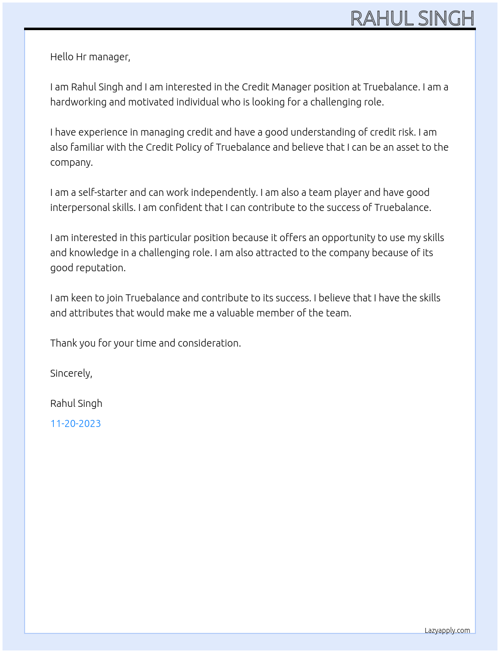 Credit Manager At Truebalance Cover Letter