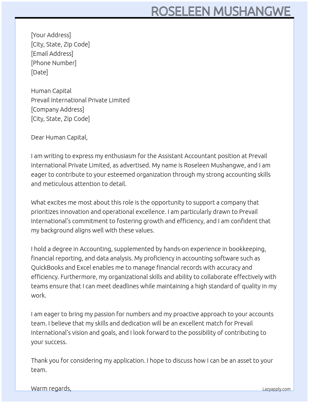 Assistant accountant At Prevail International Private Limited Cover Letter