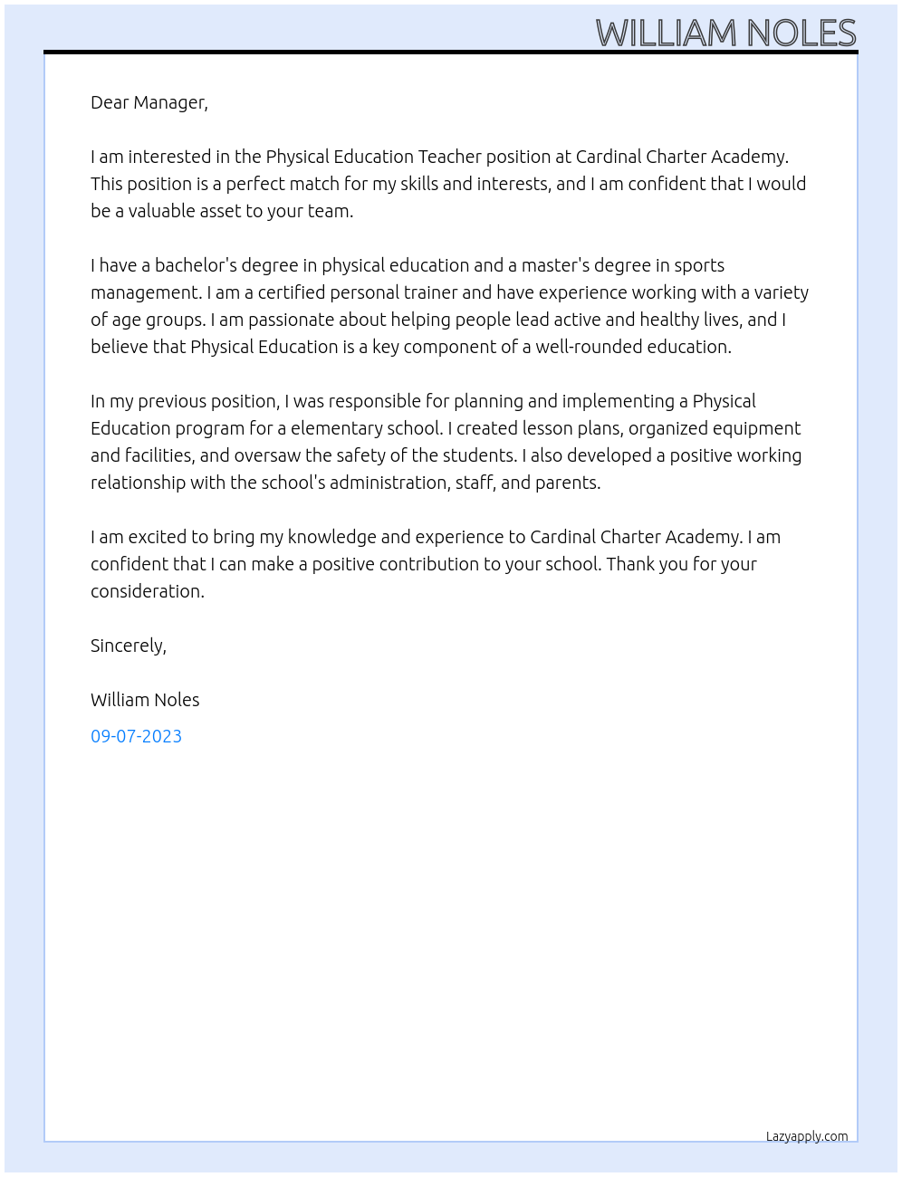 Physical Education Teacher At Cardinal Charter Academy Cover Letter