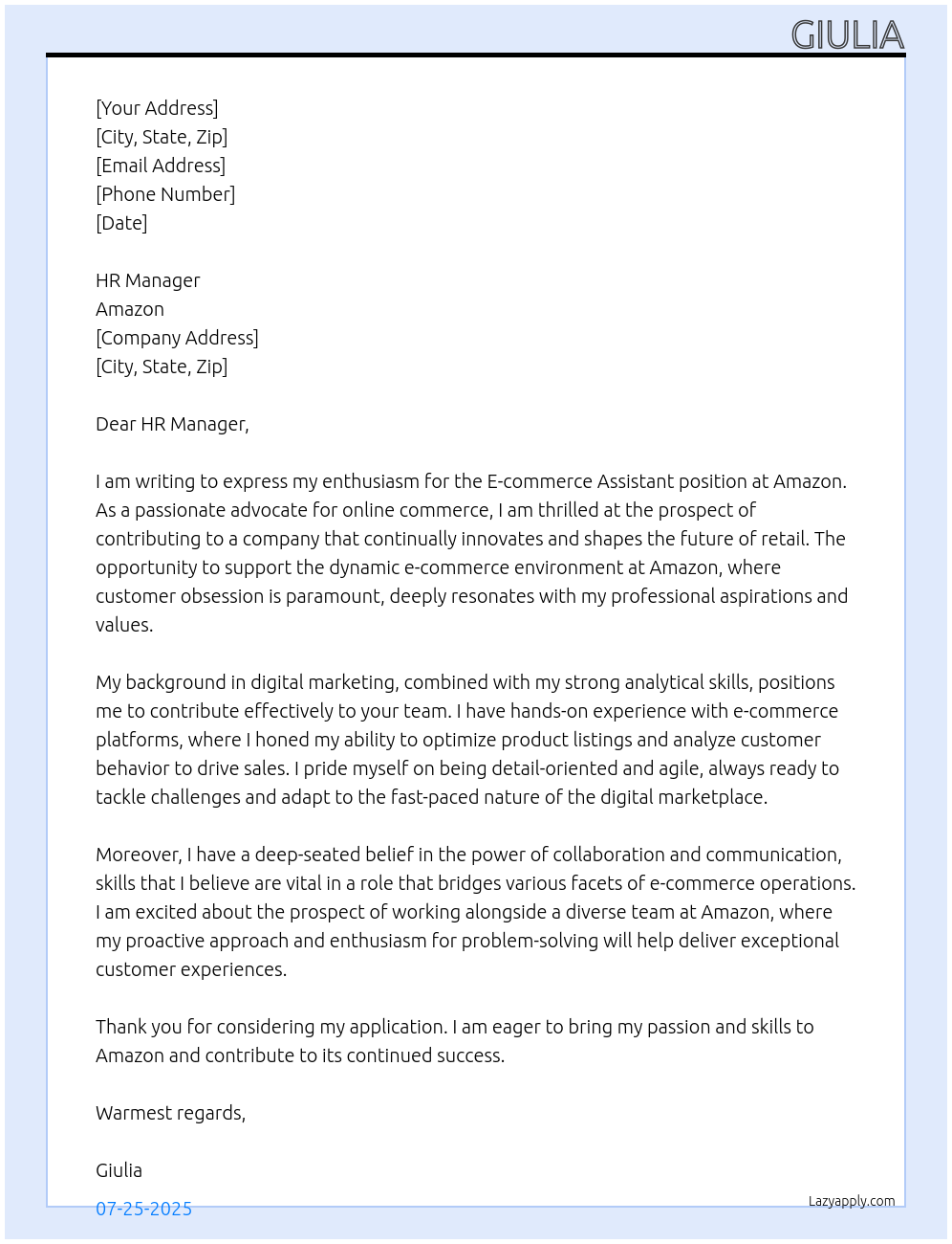 E-commerce Assistant  At Amazon Cover Letter