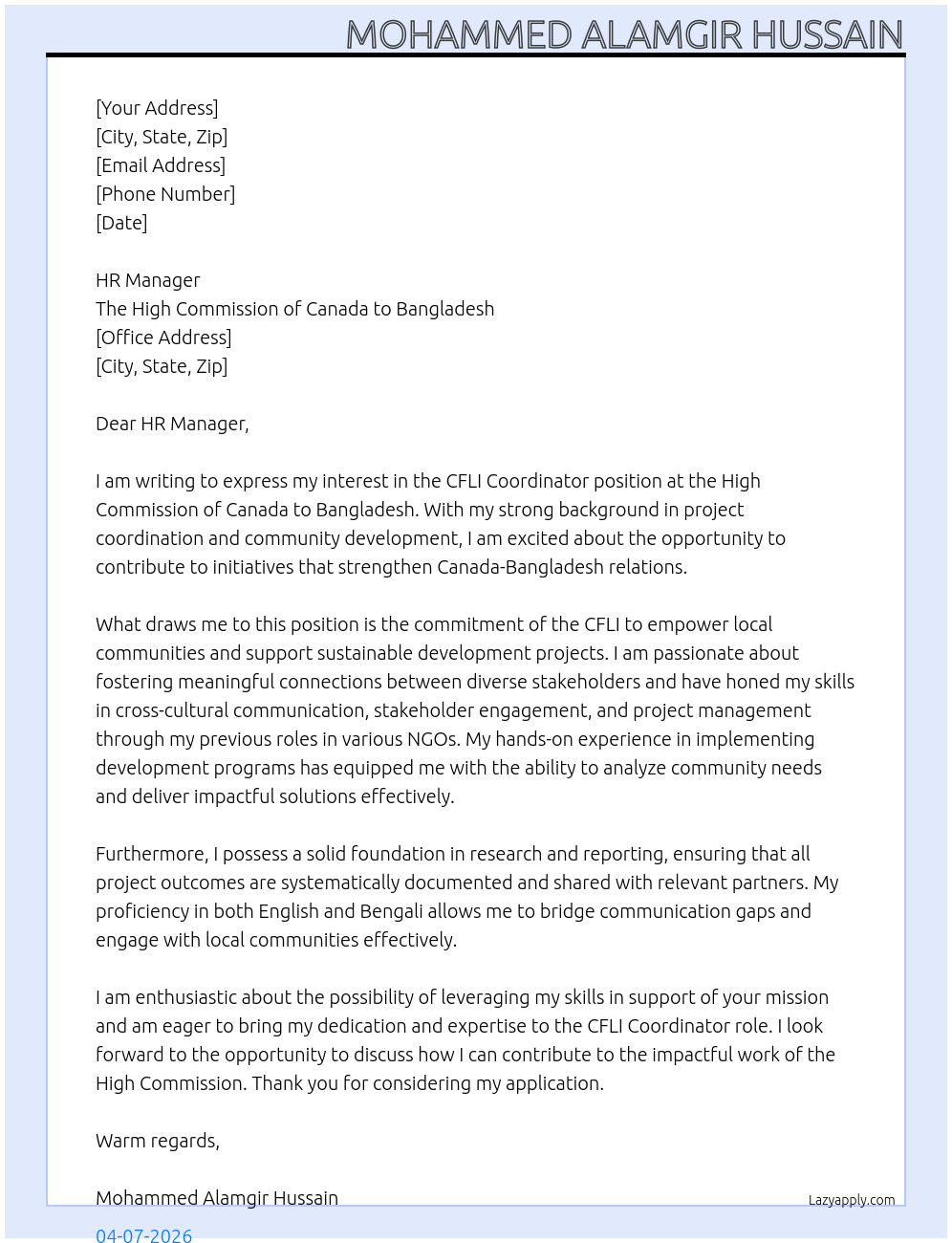 Cover letter for cfli coordinator- bnagladesh - LazyApply