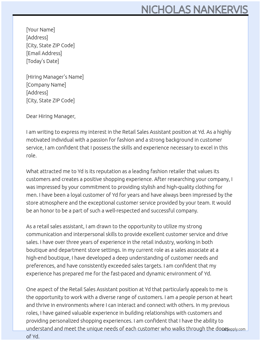 Retail sales assistant At Yd Cover Letter