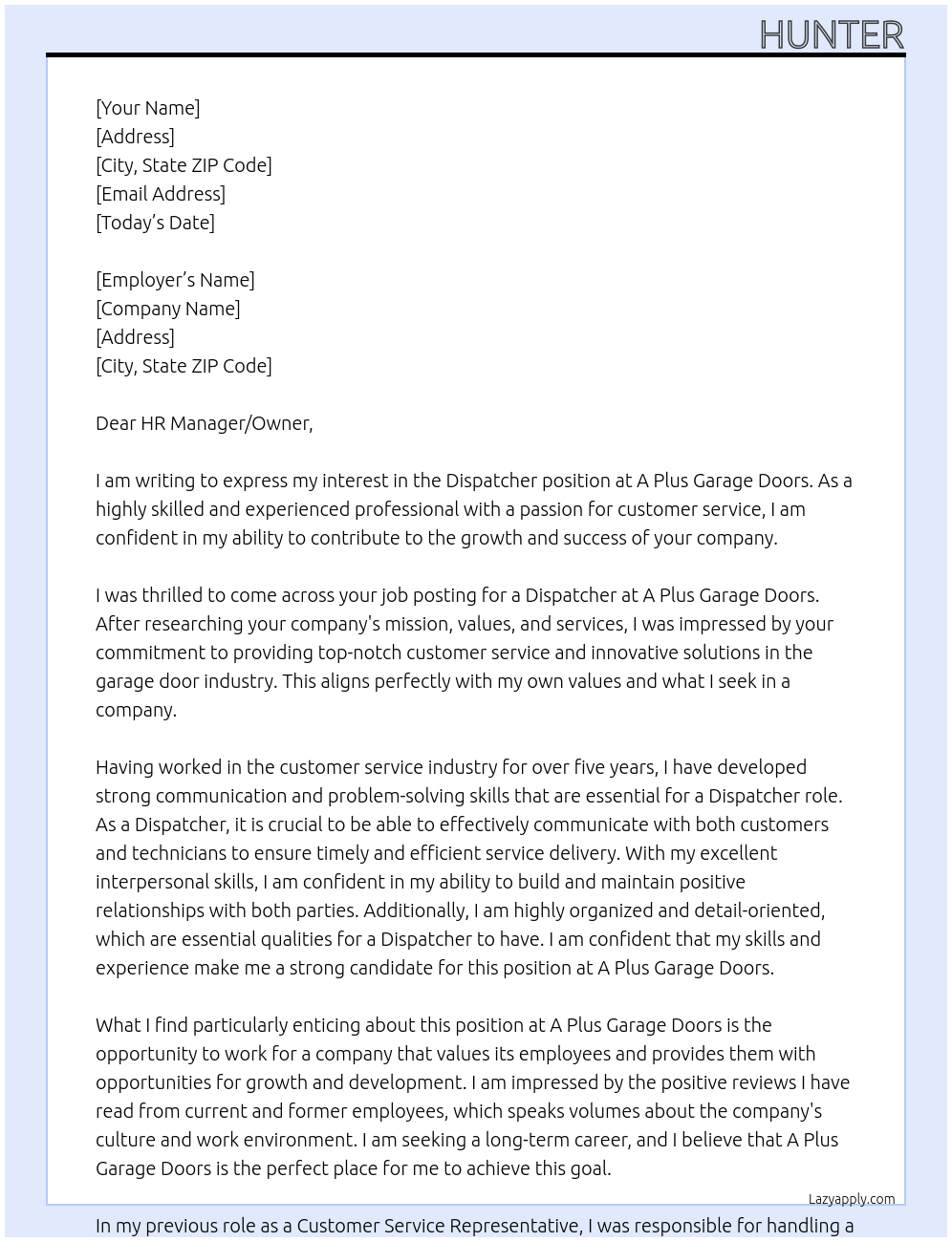 Dispatcher At A Plus Garage Doors Cover Letter