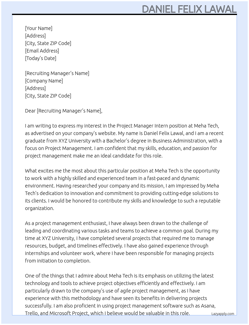 Project Manager Intern At Meha Tech Cover Letter