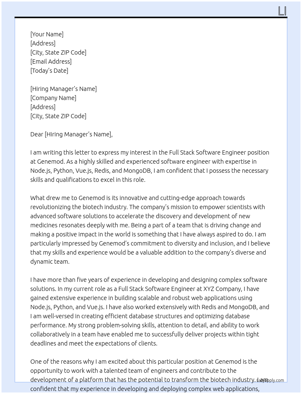 Full Stack Software Engineer At genemod Cover Letter
