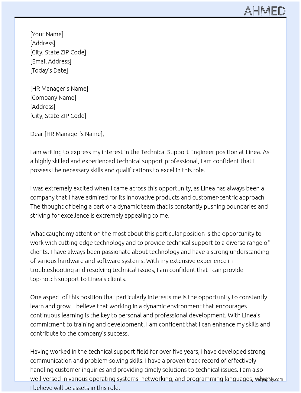 Technical Support Engineer At Linea Cover Letter