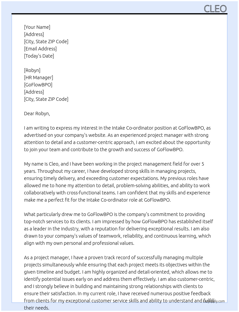 Intake Co-ordinator At GoFlowBPO Cover Letter