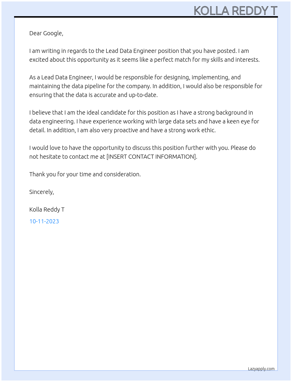 Lead Data Engineer At EX Cover Letter