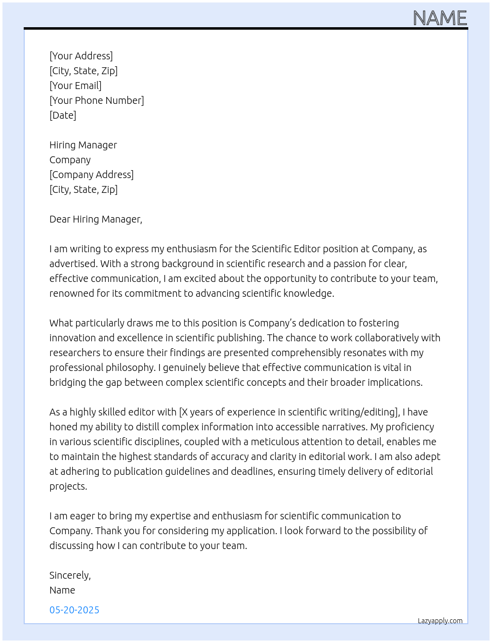 Cover letter for scientific editor - LazyApply