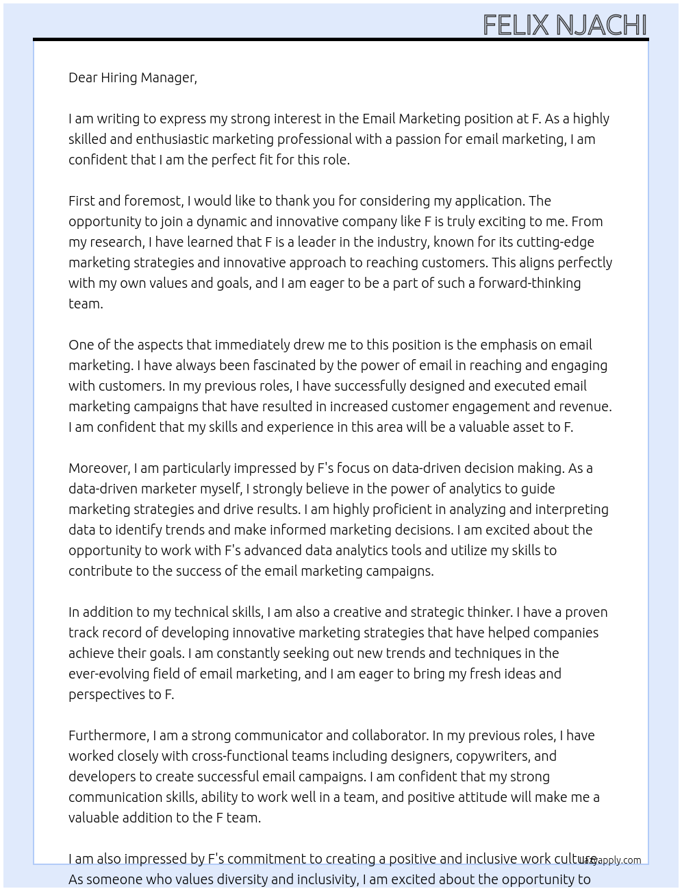 Email Marketing At f Cover Letter