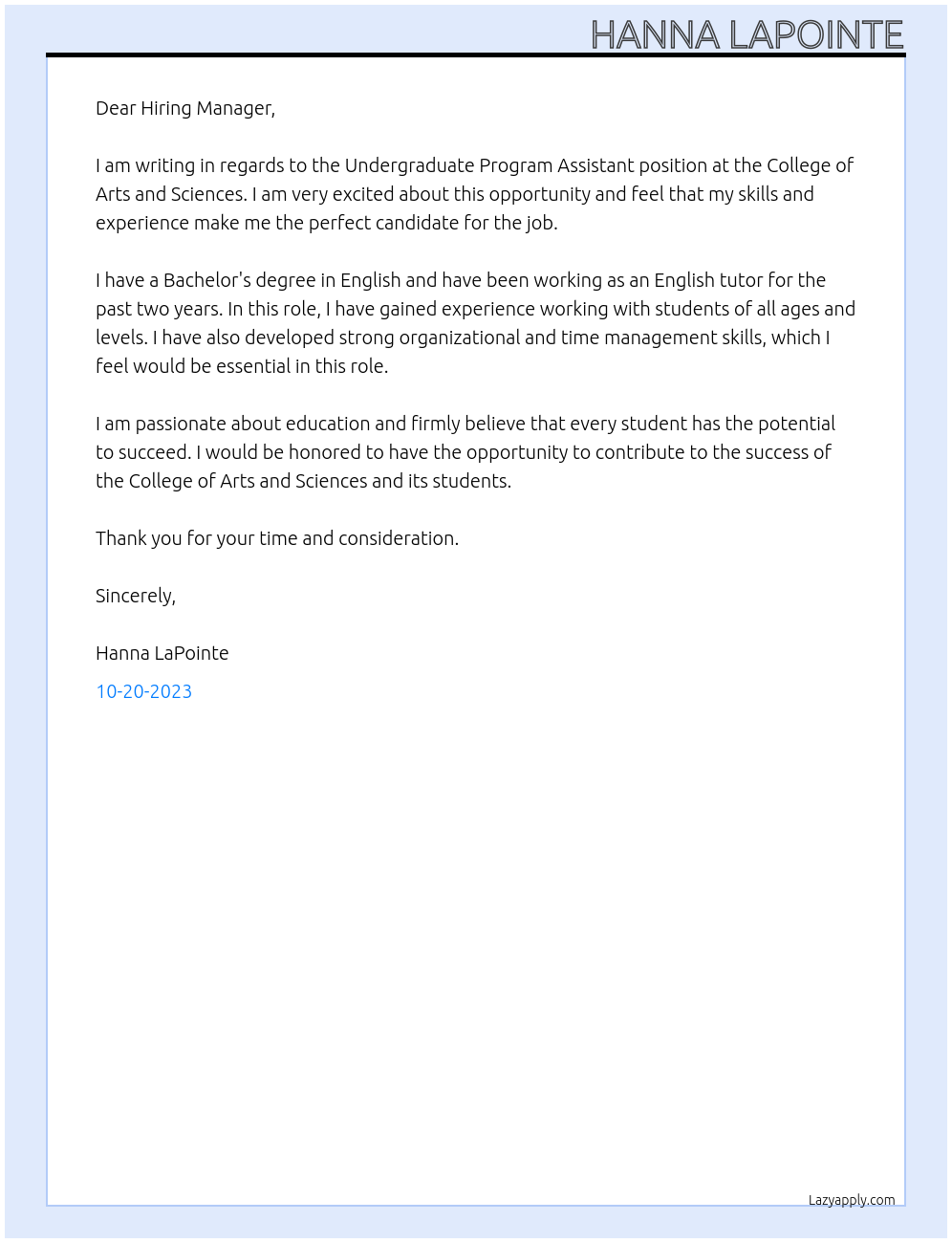 Undergraduate Program Assistant At College of Arts and Sciences Cover Letter