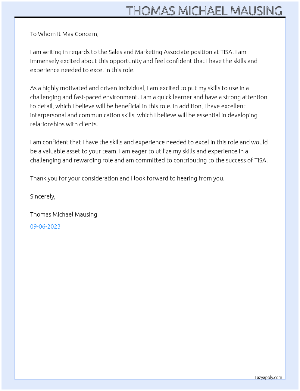 Sales and Marketing Associate  At TISA Cover Letter