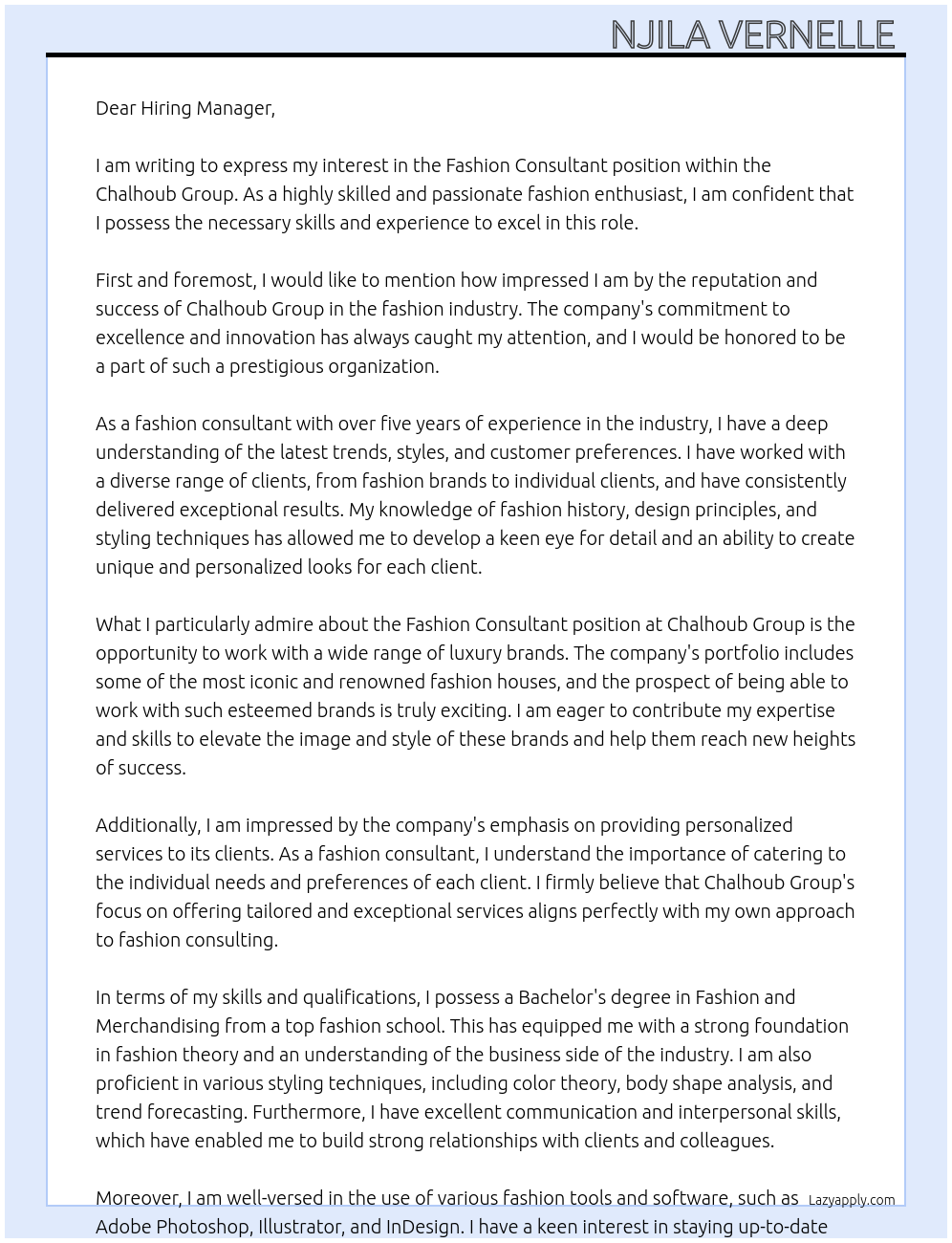 Fashion consultant At Chalhoub Group Cover Letter