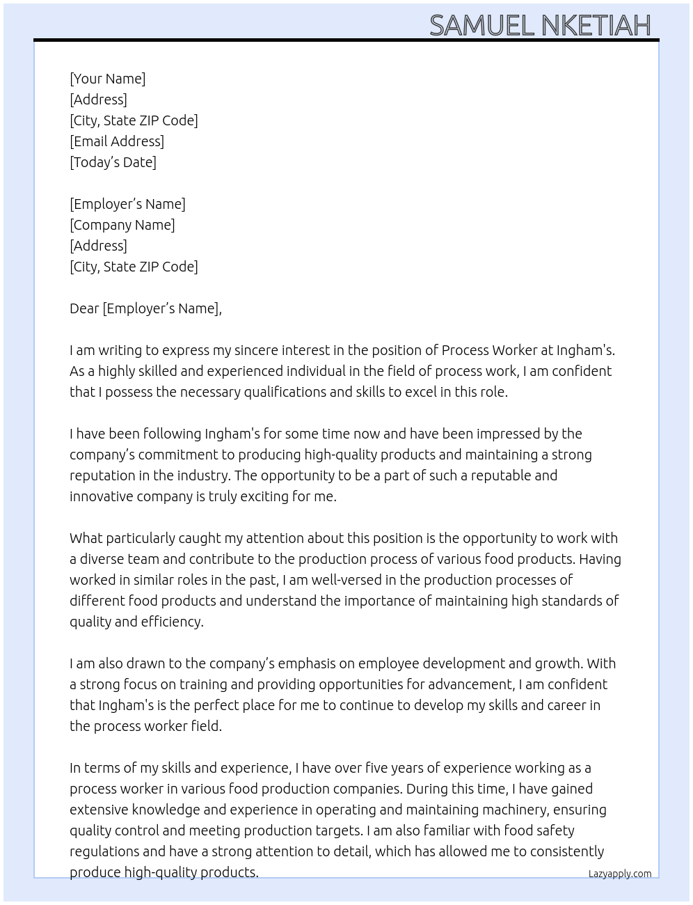 Process worker At Ingham's Cover Letter