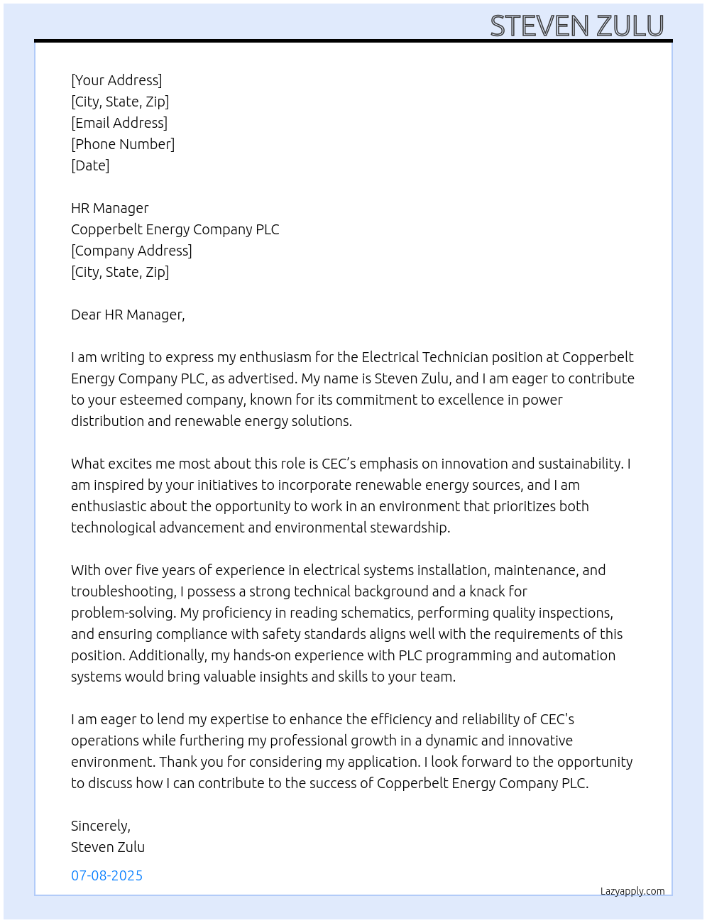 Electrical technician At Copperbelt energy company plc(CEC) Cover Letter