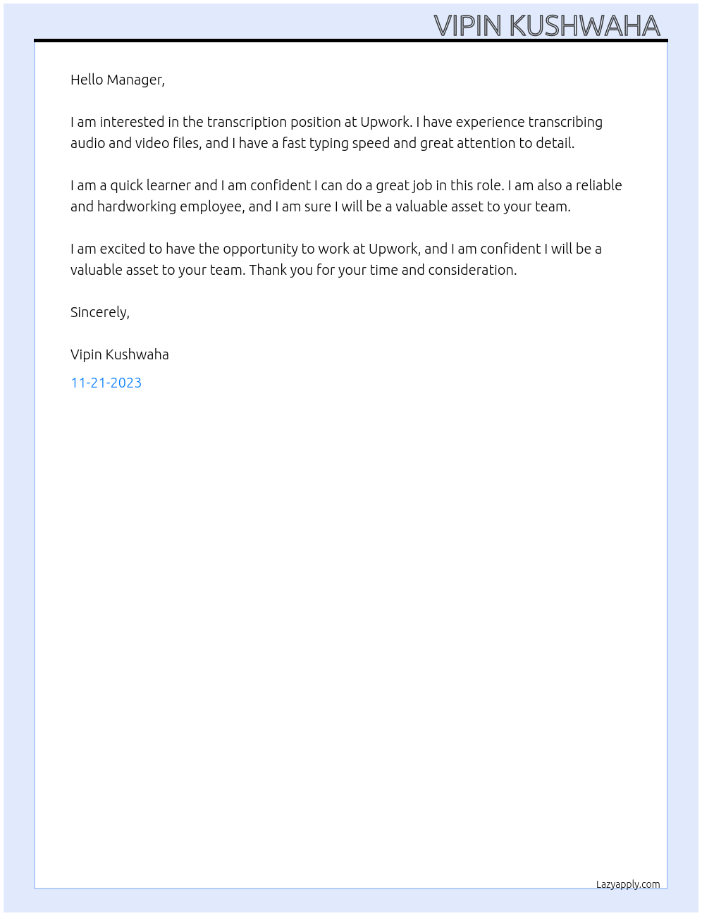 Transcription At Upwork Cover Letter