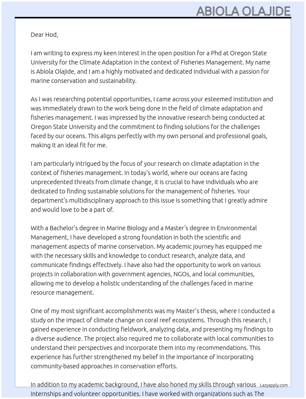 Phd At climate adaptation in the context of fisheries management at oregon state university Cover Letter