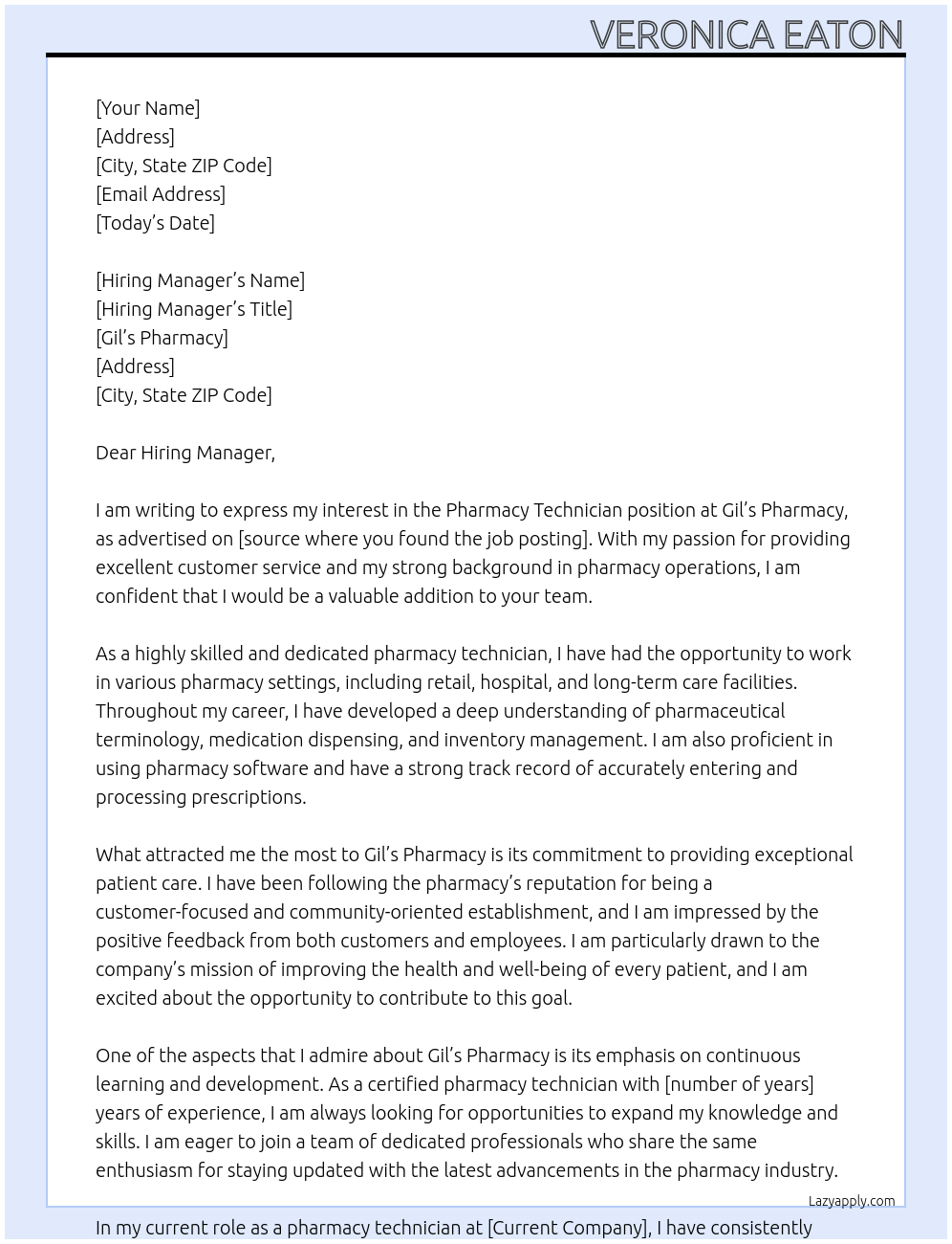 pharmacy technician At Gil's Pharmacy Cover Letter
