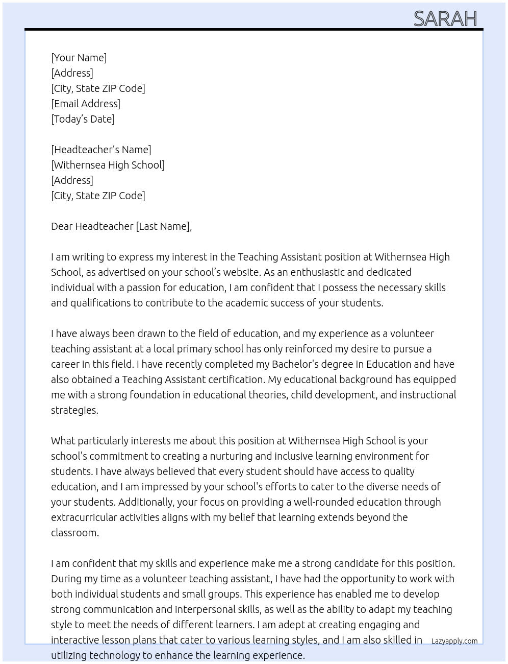 Teaching assistant At Withernsea High School Cover Letter